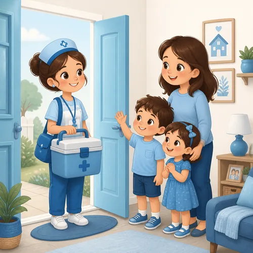 Enfermeira chegando na casa da família para vacinar