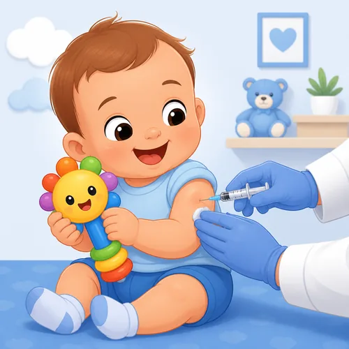 Bebê distraído com um brinquedo durante a vacina
